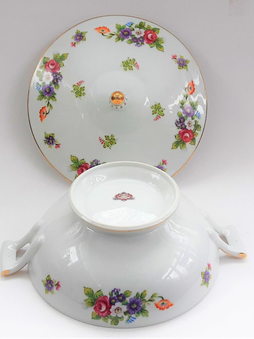 Serving Vegetable Bowl with Lid Soup Tureen Dresden Flowers 10" Made in Japan